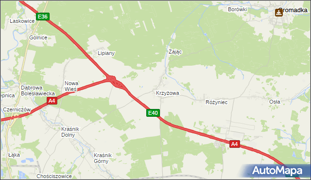 mapa Krzyżowa gmina Gromadka, Krzyżowa gmina Gromadka na mapie Targeo