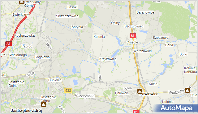 mapa Krzyżowice gmina Pawłowice, Krzyżowice gmina Pawłowice na mapie Targeo