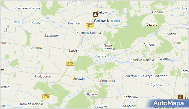 mapa Kuźnica gmina Ceków-Kolonia, Kuźnica gmina Ceków-Kolonia na mapie Targeo