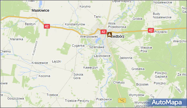 mapa Łączkowice gmina Masłowice, Łączkowice gmina Masłowice na mapie Targeo