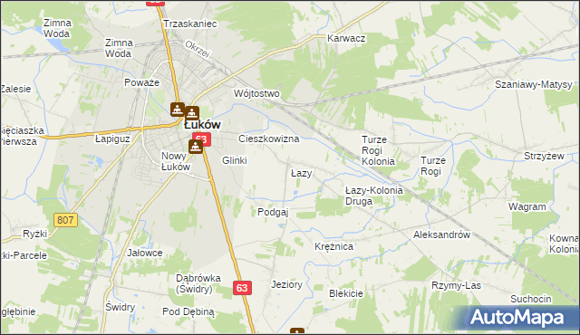 mapa Łazy gmina Łuków, Łazy gmina Łuków na mapie Targeo