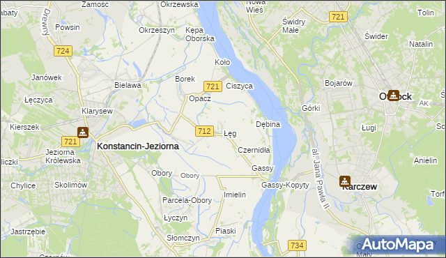 mapa Łęg gmina Konstancin-Jeziorna, Łęg gmina Konstancin-Jeziorna na mapie Targeo