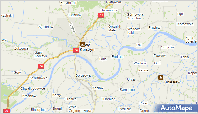 mapa Łęka gmina Nowy Korczyn, Łęka gmina Nowy Korczyn na mapie Targeo