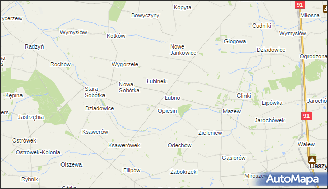 mapa Łubno gmina Daszyna, Łubno gmina Daszyna na mapie Targeo