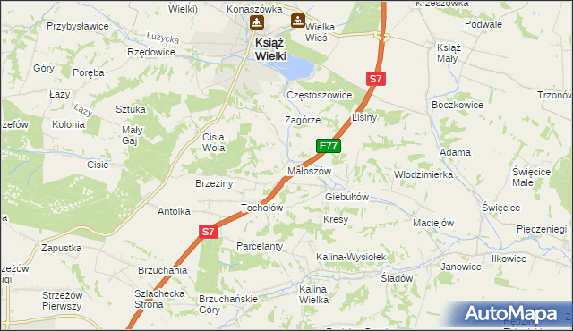 mapa Małoszów gmina Książ Wielki, Małoszów gmina Książ Wielki na mapie Targeo