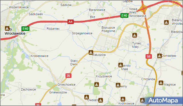 mapa Małuszów gmina Kobierzyce, Małuszów gmina Kobierzyce na mapie Targeo