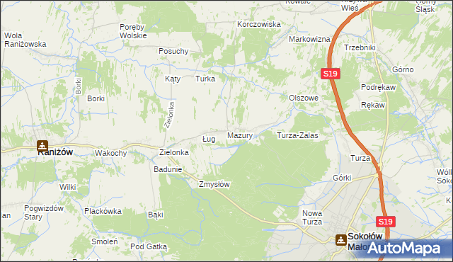 mapa Mazury gmina Raniżów, Mazury gmina Raniżów na mapie Targeo