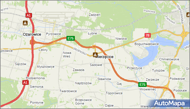 mapa Mierzęcice, Mierzęcice na mapie Targeo