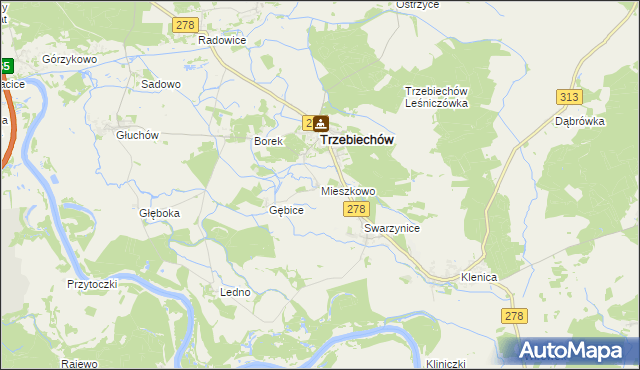 mapa Mieszkowo gmina Trzebiechów, Mieszkowo gmina Trzebiechów na mapie Targeo