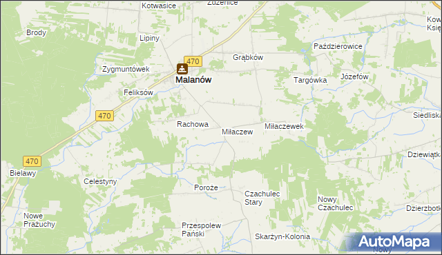 mapa Miłaczew gmina Malanów, Miłaczew gmina Malanów na mapie Targeo