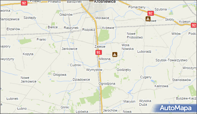 mapa Miłosna gmina Krośniewice, Miłosna gmina Krośniewice na mapie Targeo