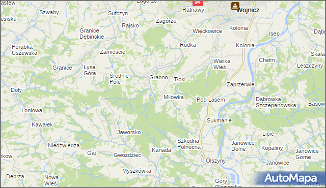 mapa Milówka gmina Wojnicz, Milówka gmina Wojnicz na mapie Targeo