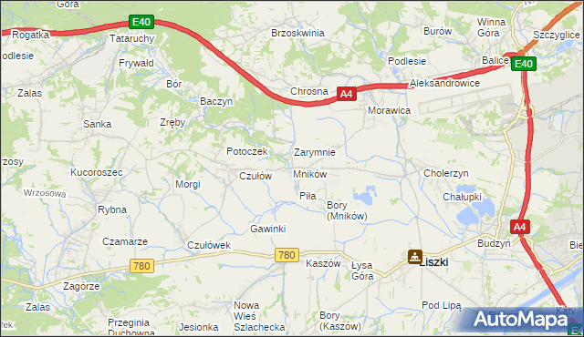 mapa Mników gmina Liszki, Mników gmina Liszki na mapie Targeo
