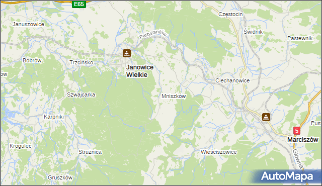 mapa Mniszków gmina Janowice Wielkie, Mniszków gmina Janowice Wielkie na mapie Targeo