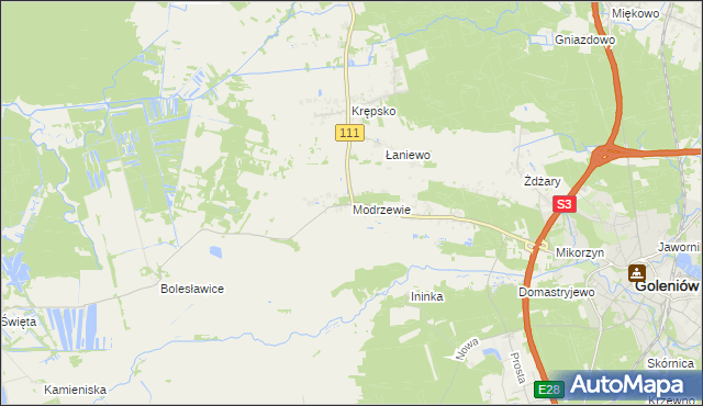 mapa Modrzewie gmina Goleniów, Modrzewie gmina Goleniów na mapie Targeo