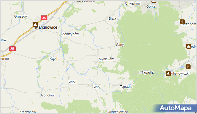 mapa Mysłaków gmina Marcinowice, Mysłaków gmina Marcinowice na mapie Targeo