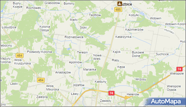 mapa Nowa Wieś gmina Drużbice, Nowa Wieś gmina Drużbice na mapie Targeo