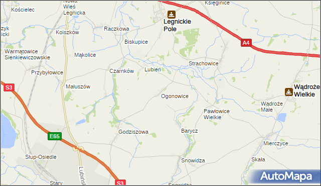 mapa Ogonowice gmina Legnickie Pole, Ogonowice gmina Legnickie Pole na mapie Targeo
