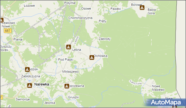 mapa Olchówka gmina Narewka, Olchówka gmina Narewka na mapie Targeo