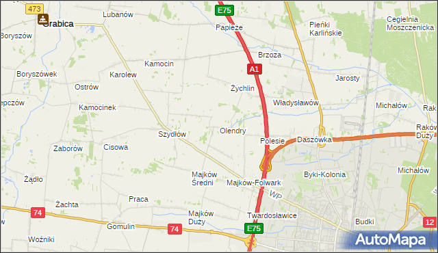 mapa Olendry gmina Grabica, Olendry gmina Grabica na mapie Targeo