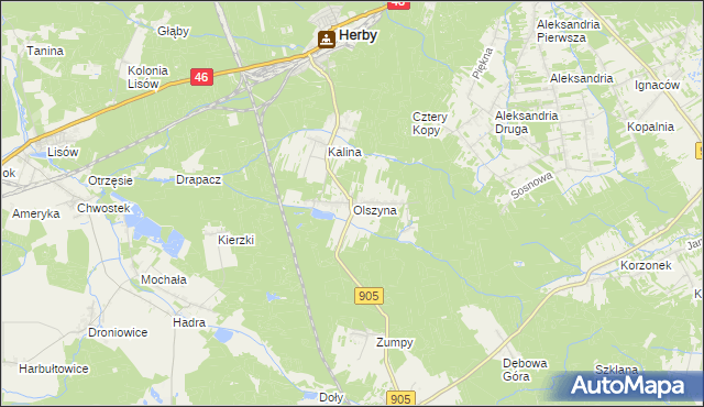 mapa Olszyna gmina Herby, Olszyna gmina Herby na mapie Targeo