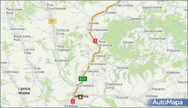 mapa Orawka gmina Jabłonka, Orawka gmina Jabłonka na mapie Targeo