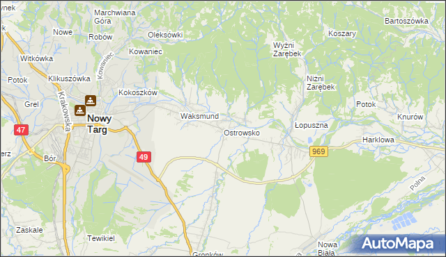 mapa Ostrowsko gmina Nowy Targ, Ostrowsko gmina Nowy Targ na mapie Targeo