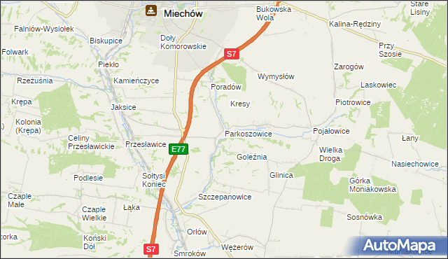 mapa Parkoszowice gmina Miechów, Parkoszowice gmina Miechów na mapie Targeo