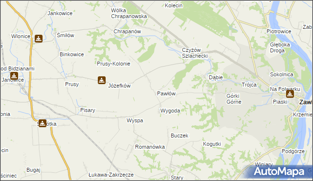 mapa Pawłów gmina Zawichost, Pawłów gmina Zawichost na mapie Targeo