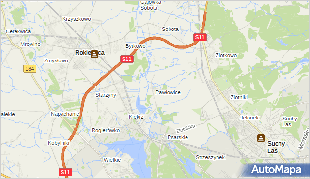 mapa Pawłowice gmina Rokietnica, Pawłowice gmina Rokietnica na mapie Targeo