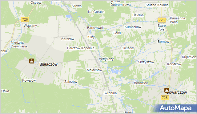 mapa Petrykozy gmina Białaczów, Petrykozy gmina Białaczów na mapie Targeo