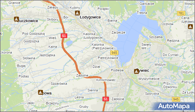 mapa Pietrzykowice gmina Łodygowice, Pietrzykowice gmina Łodygowice na mapie Targeo