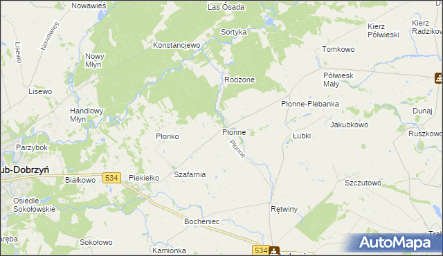 mapa Płonne gmina Radomin, Płonne gmina Radomin na mapie Targeo