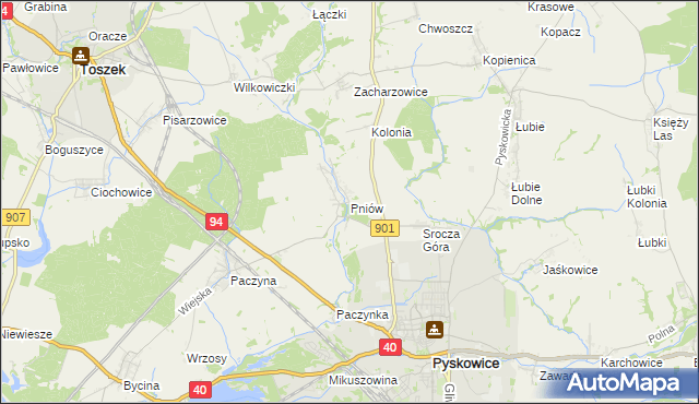 mapa Pniów gmina Toszek, Pniów gmina Toszek na mapie Targeo