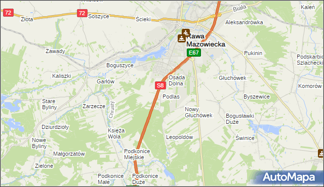 mapa Podlas gmina Rawa Mazowiecka, Podlas gmina Rawa Mazowiecka na mapie Targeo