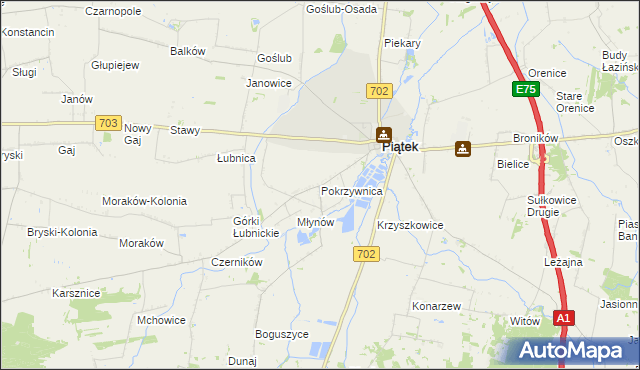 mapa Pokrzywnica gmina Piątek, Pokrzywnica gmina Piątek na mapie Targeo