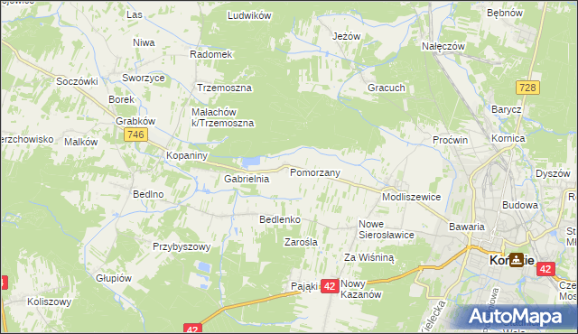 mapa Pomorzany gmina Końskie, Pomorzany gmina Końskie na mapie Targeo