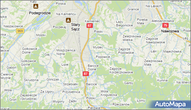 mapa Popowice gmina Stary Sącz, Popowice gmina Stary Sącz na mapie Targeo