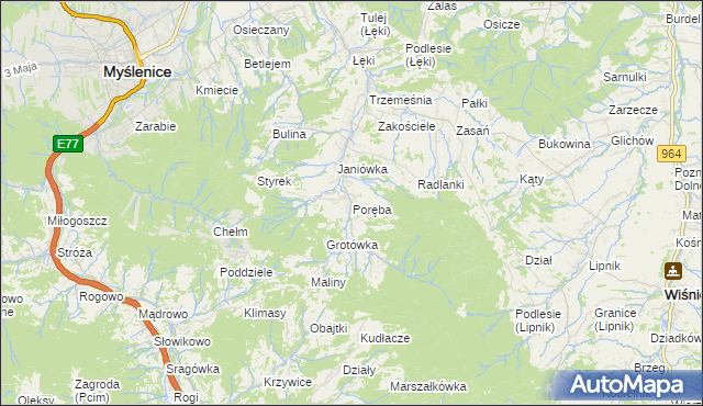 mapa Poręba gmina Myślenice, Poręba gmina Myślenice na mapie Targeo