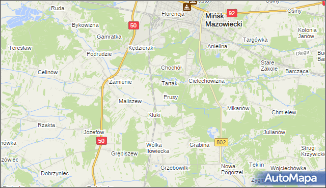 mapa Prusy gmina Mińsk Mazowiecki, Prusy gmina Mińsk Mazowiecki na mapie Targeo