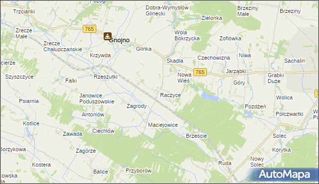 mapa Raczyce gmina Gnojno, Raczyce gmina Gnojno na mapie Targeo