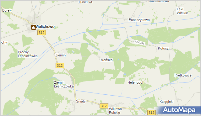 mapa Reńsko gmina Wielichowo, Reńsko gmina Wielichowo na mapie Targeo
