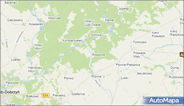 mapa Rodzone gmina Radomin, Rodzone gmina Radomin na mapie Targeo