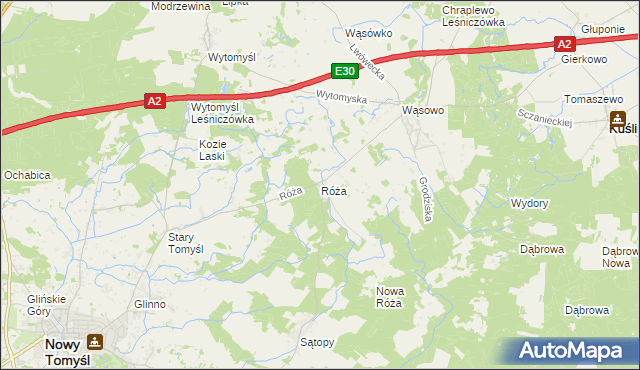 mapa Róża gmina Nowy Tomyśl, Róża gmina Nowy Tomyśl na mapie Targeo