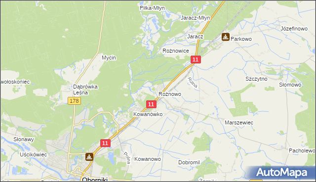 mapa Rożnowo gmina Oborniki, Rożnowo gmina Oborniki na mapie Targeo