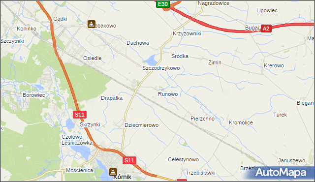 mapa Runowo gmina Kórnik, Runowo gmina Kórnik na mapie Targeo