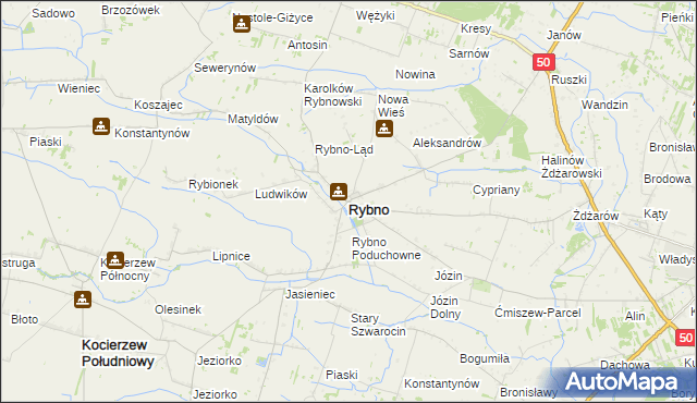 mapa Rybno powiat sochaczewski, Rybno powiat sochaczewski na mapie Targeo