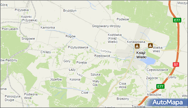 mapa Rzędowice gmina Książ Wielki, Rzędowice gmina Książ Wielki na mapie Targeo