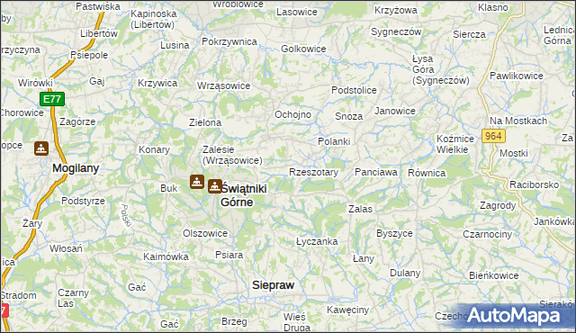 mapa Rzeszotary gmina Świątniki Górne, Rzeszotary gmina Świątniki Górne na mapie Targeo