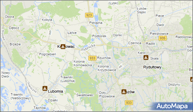 mapa Rzuchów gmina Kornowac, Rzuchów gmina Kornowac na mapie Targeo